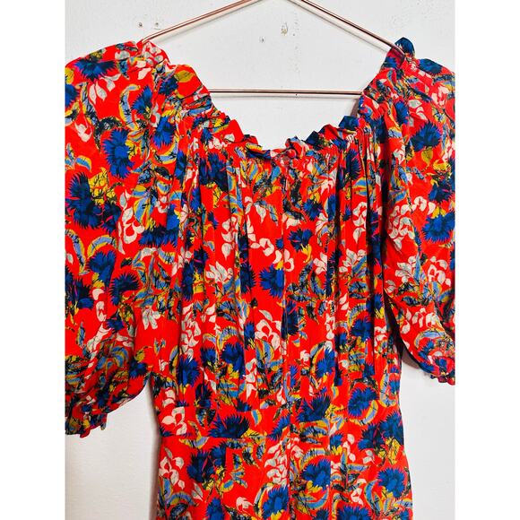 SALONI Red Floral Flame Azalea Olivia Tie-Waist 100% Silk Ruched Ruffles Dress 6 - Picture 8 of 16